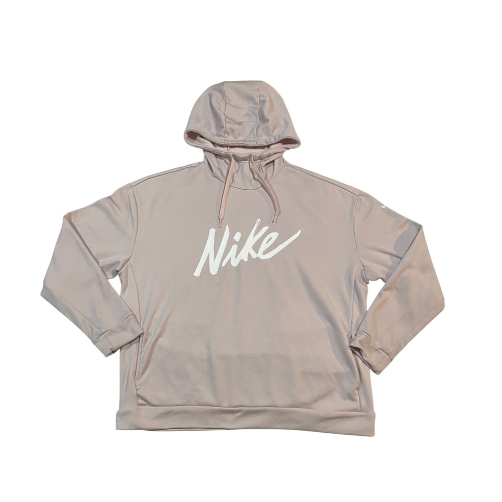 Nike Womens Therma-FIT Pullover Hoodie Mauve Pink Script Logo Size Large